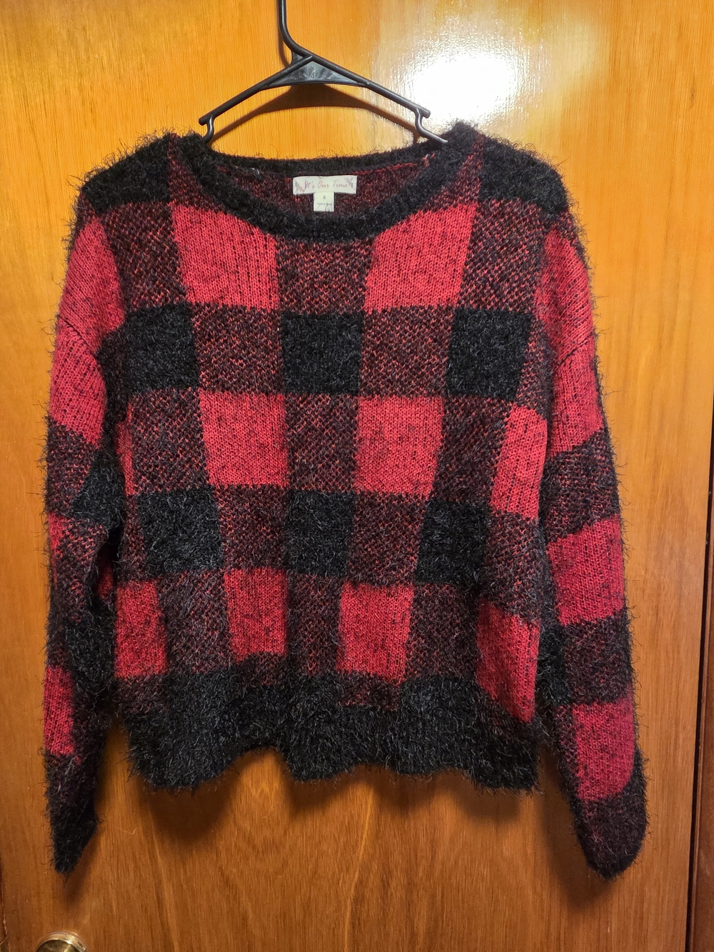 It's Our Time Red and Black Fuzzy Check Crewneck Sweater